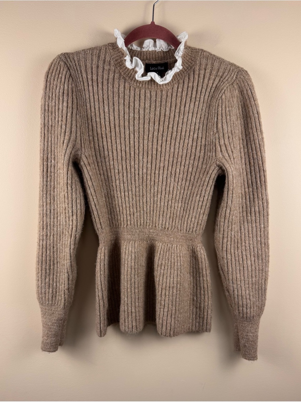 Lea & Viola Anthropologie Knit Ribbed Peplum Sweater with white ruffle neckline